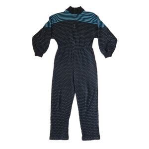 Vtg 80s Neiman Marcus David Brown Black Teal Zip Front Jumpsuit Size S USA